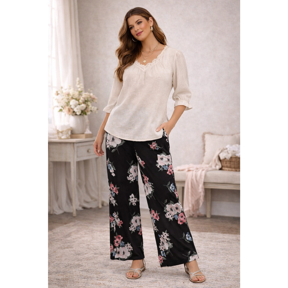 J Jill Wearever Collection Pants XL Petite Black Floral Stretch Knit Cottagecore